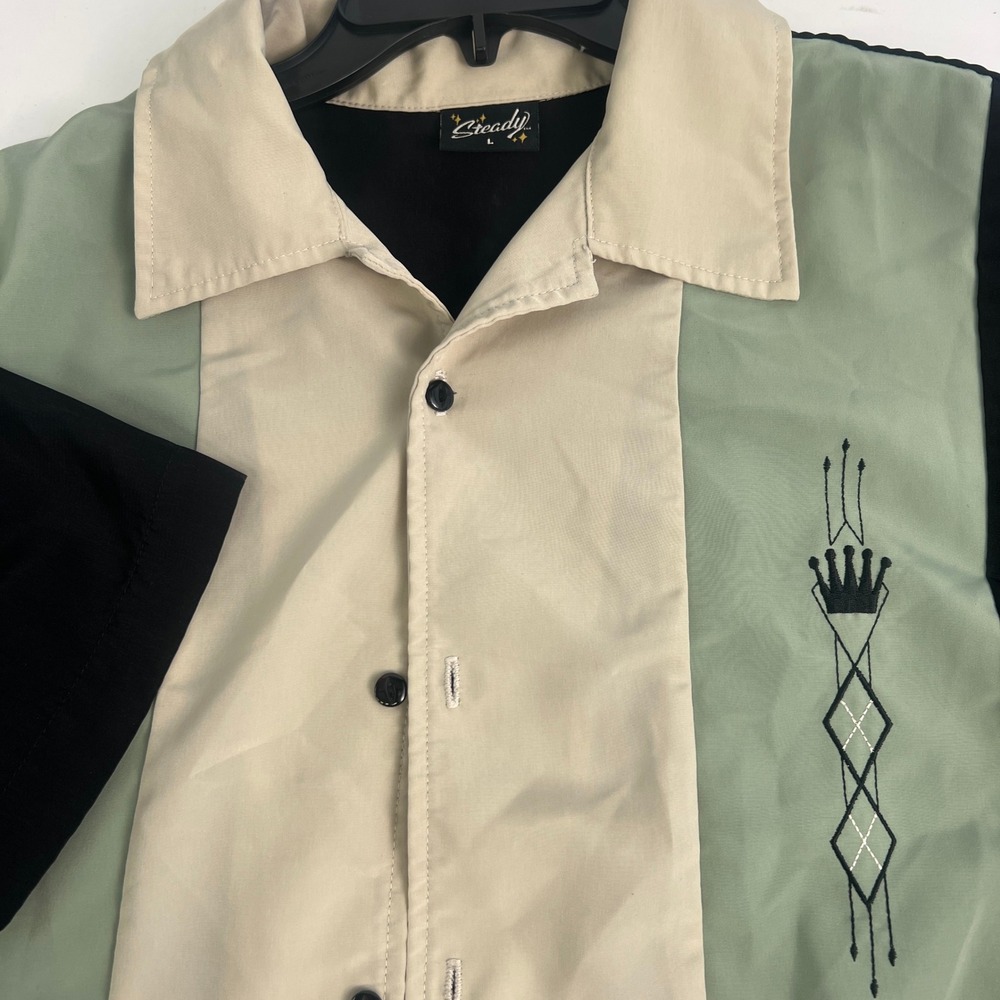 Steady Clothing Mens Bowling Shirt L Black Green  Rockabilly Crown Embroidered